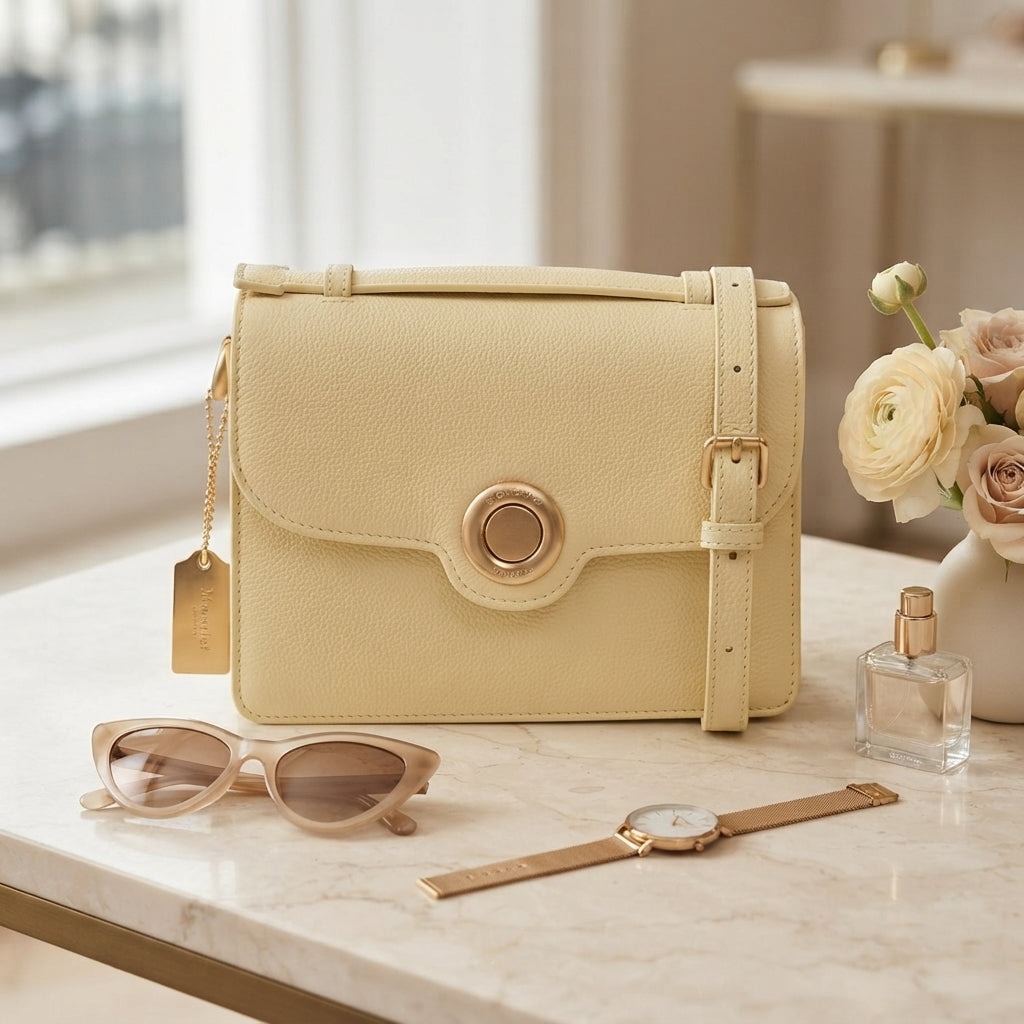 Moncrief Yellow Leather Crossbody Bag, Structured Flap Purse, Gold Hardware
