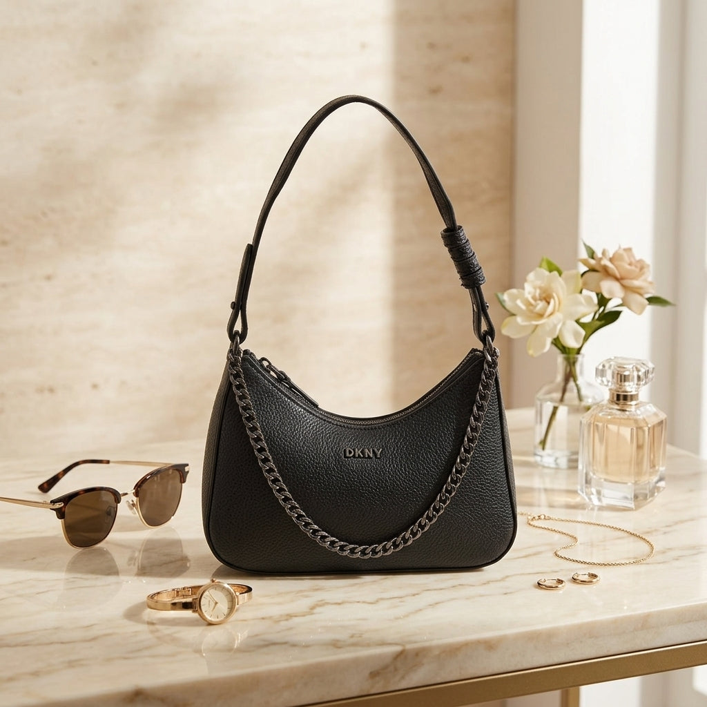 DKNY Black Crescent Shoulder Bag, Pebbled Faux Leather, Gunmetal Chain