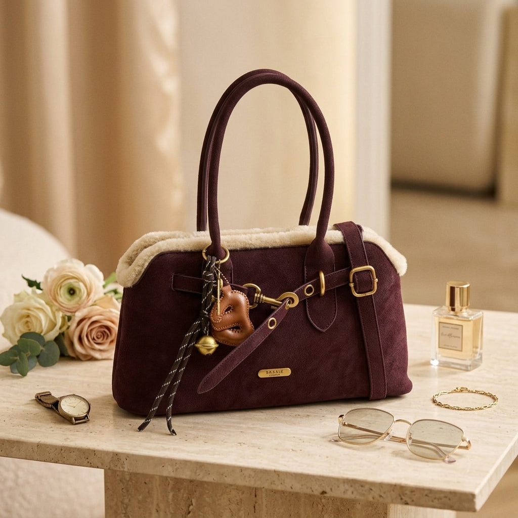 Bessie London Burgundy Shoulder Bag, Faux Suede Grab Bag, Shearling Trim