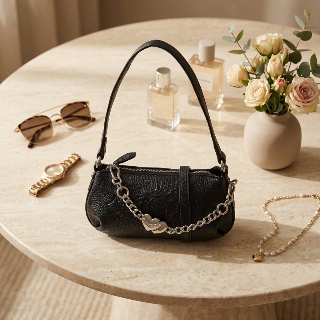 Juicy Couture Black Shoulder Bag, Pebbled Monogram Purse, Silver Heart Charm