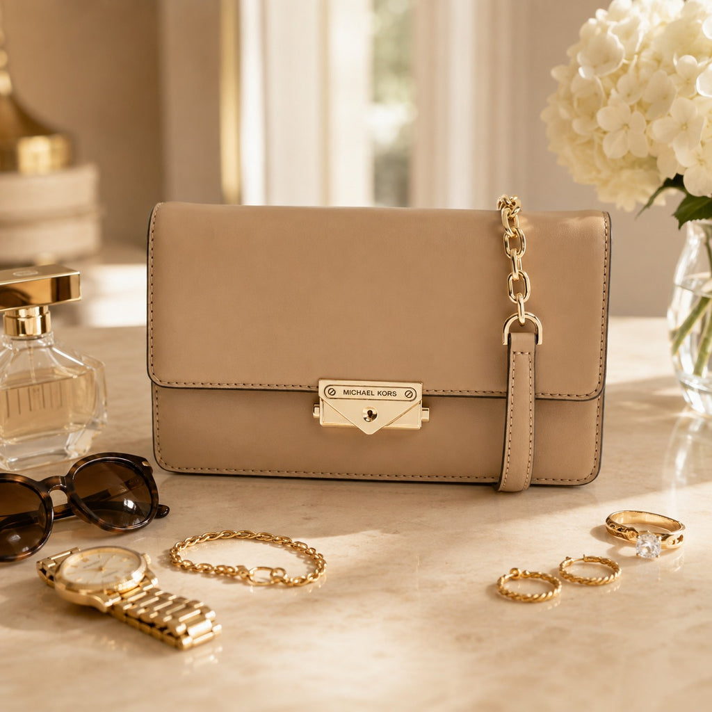 Michael Kors Beige Crossbody Bag, Neutral Minimalist Handbag, Chic Everyday Purse
