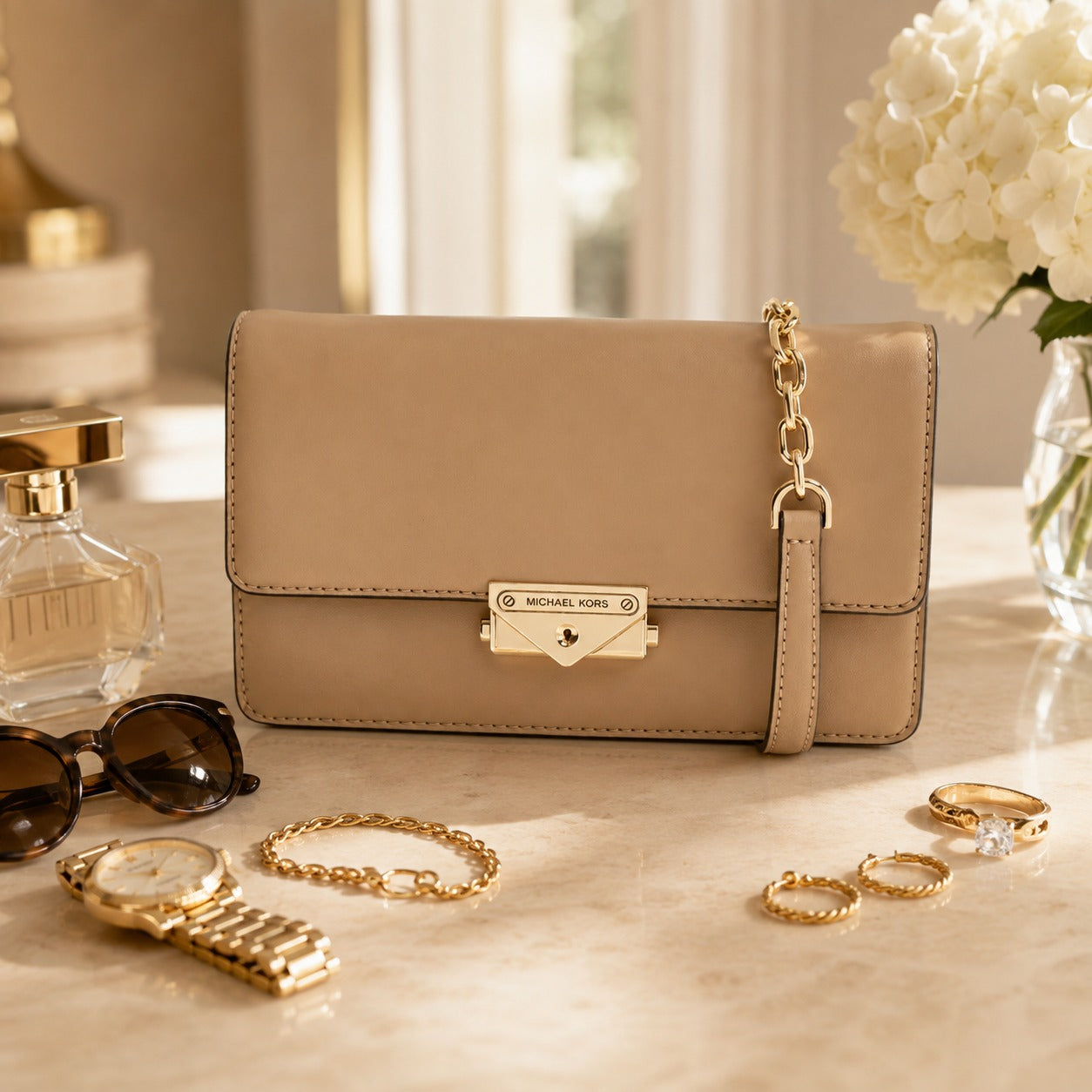 Michael Kors Beige Crossbody Bag, Neutral Minimalist Handbag, Chic Everyday Purse