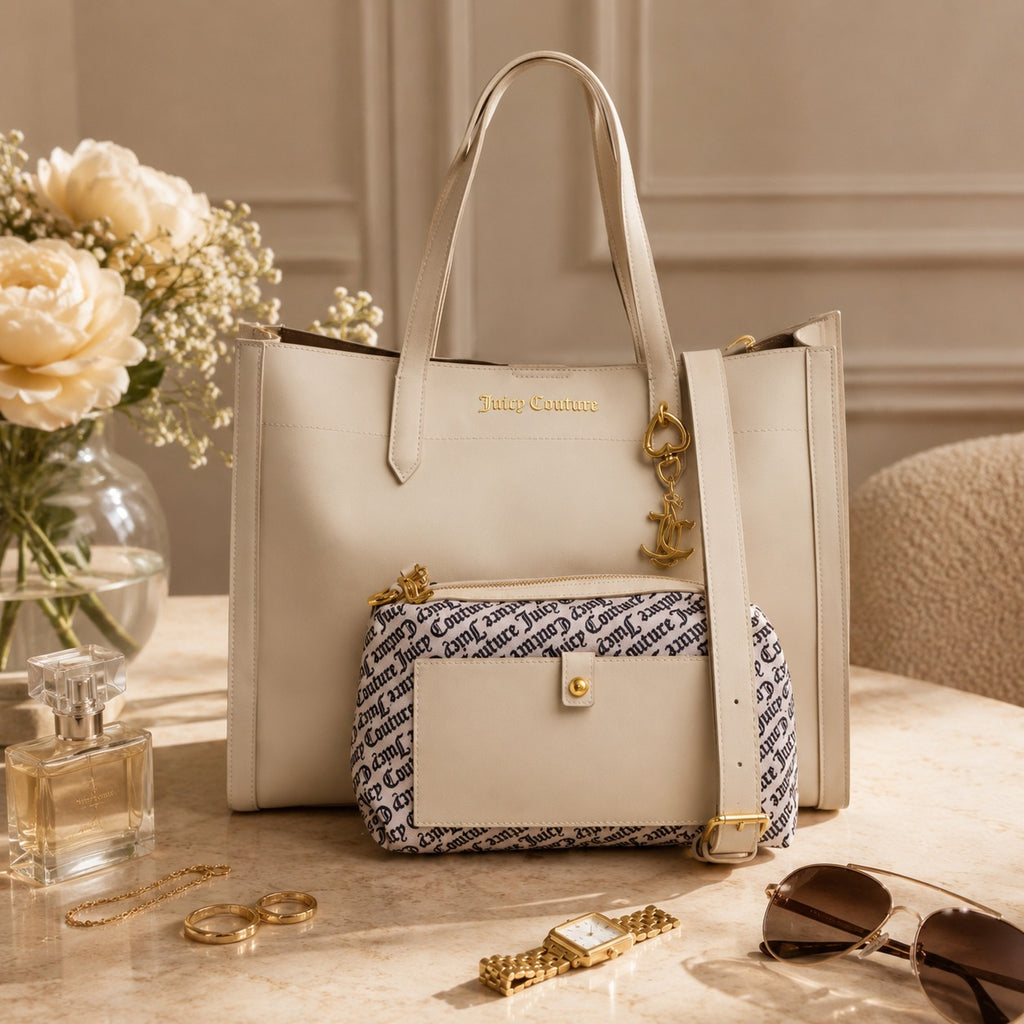 Juicy Couture Cream Lily Shopper Bag, Monogram Pouch, Tote, Gift for Her