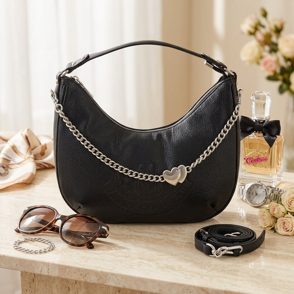 Juicy Couture Black Hobo Bag, Pebbled Leather Look, Silver Heart Charm