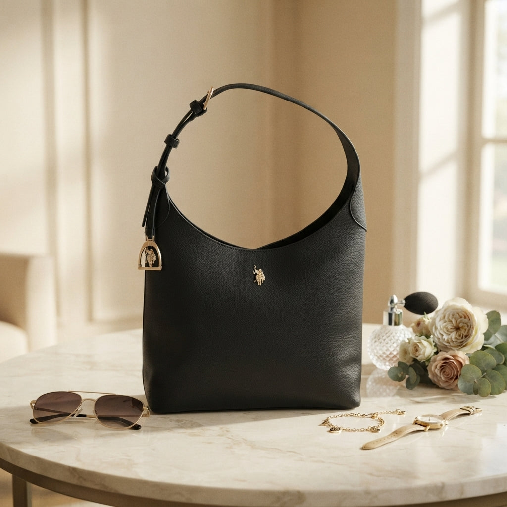 US Polo Assn Black Hobo Bag, Minimalist Shoulder Bag, Gold Accent