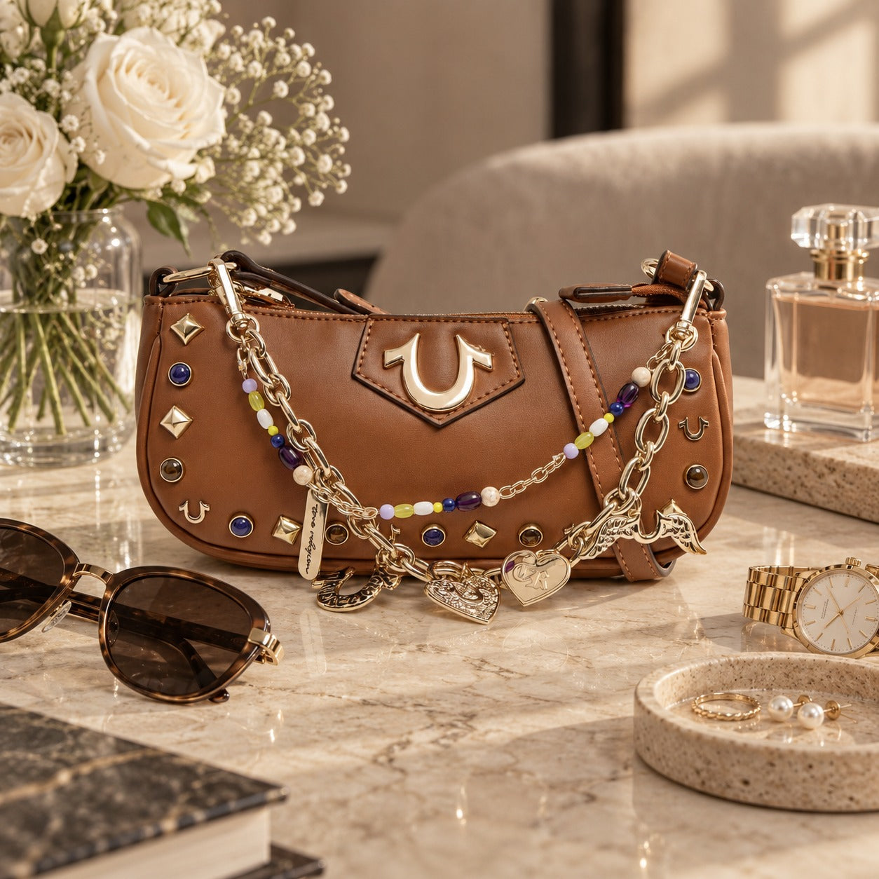 True Religion Brown Shoulder Bag, Designer Y2K Aesthetic, Charm Chain Retro