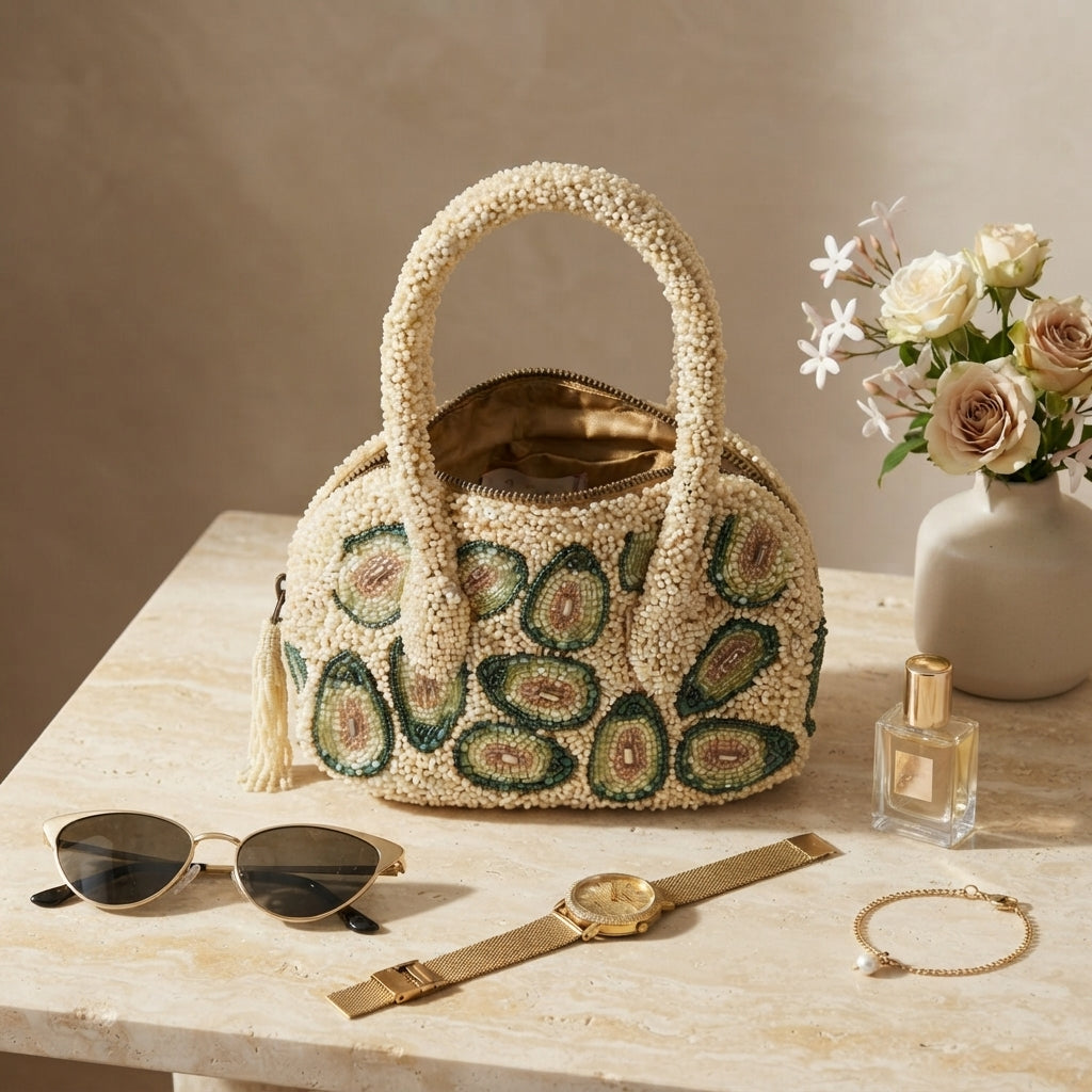 Mirasol Beige Beaded Bag, Avocado Motif Handbag, Cute Novelty Purse Gift