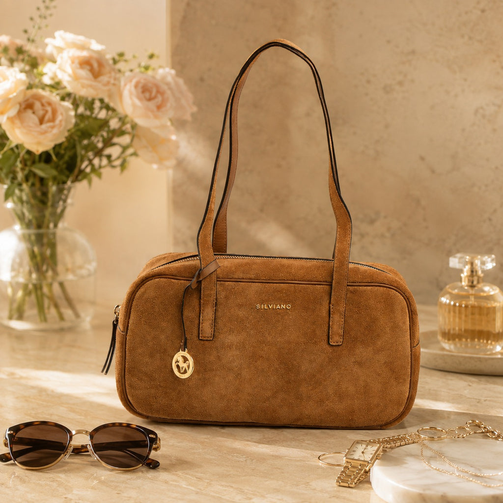 Silviano Tan Brown Suede Shoulder Bag, Gold Hardware, Everyday Tote, Gift for Her
