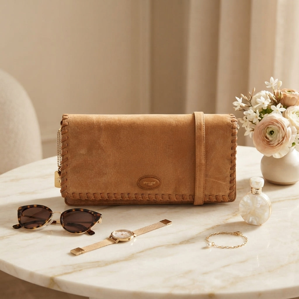 Moncrief London Tan Suede Crossbody Bag, Whipstitch Edging, Tan Leather Purse