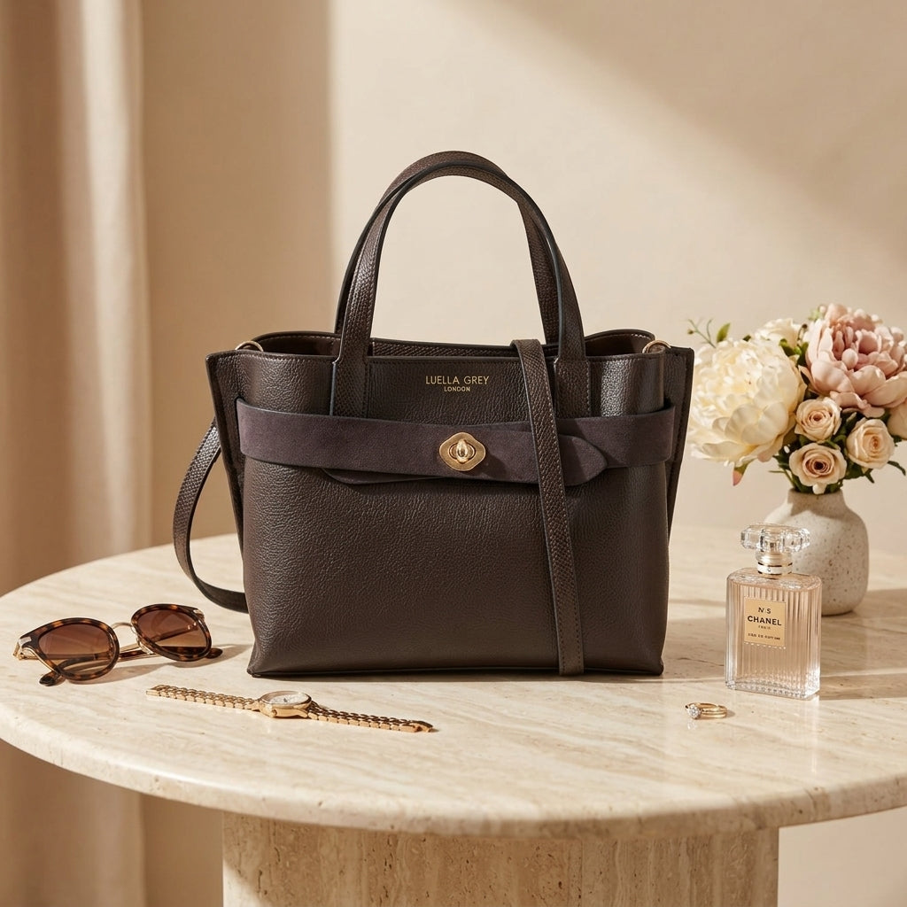 Luella Grey Chocolate Crossbody Bag, Pebbled Leather Look, Gold Hardware