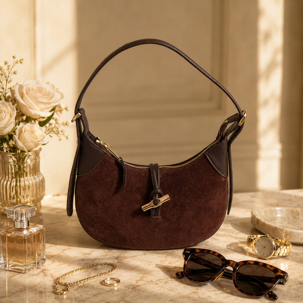 Silver Street London Brown Hobo Bag, Suede Shoulder Bag, Gold Hardware