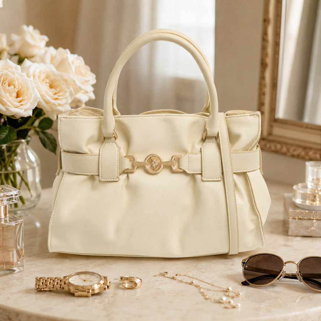 US Polo Assn Cream Satchel Bag, Jane Style, Top Handle & Shoulder