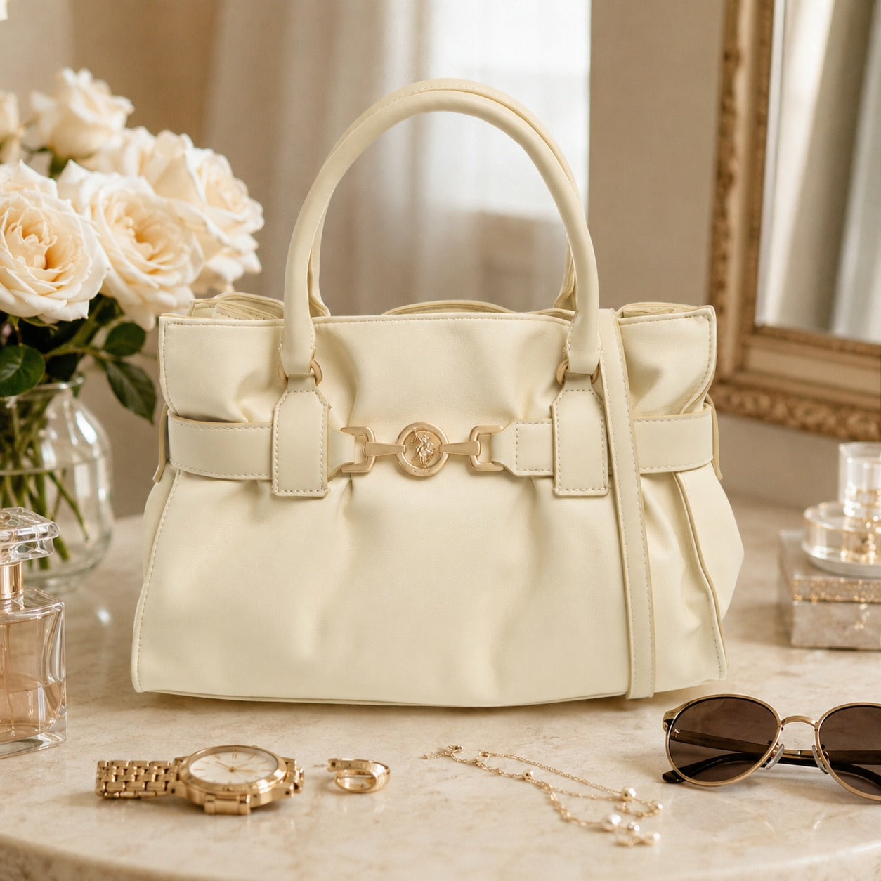US Polo Assn Cream Satchel Bag, Jane Style, Top Handle & Shoulder