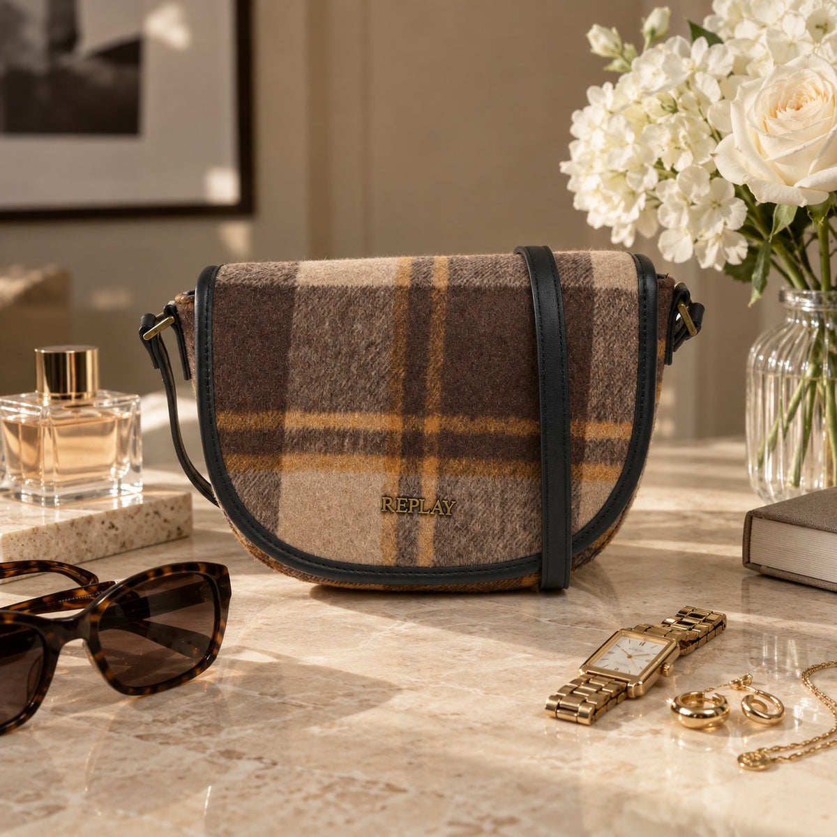Replay Brown Plaid Crossbody Bag, Checked Saddle Bag, Fall Aesthetic