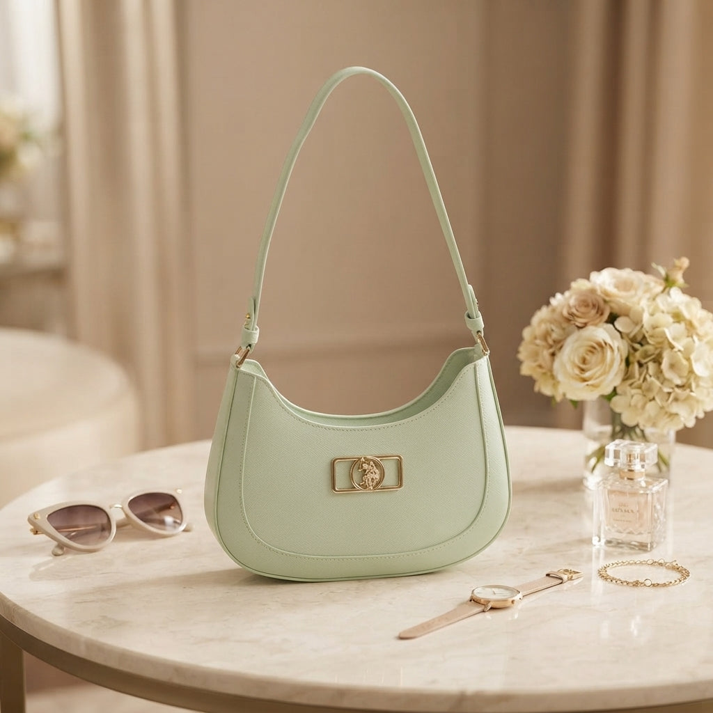 US Polo Assn Sage Green Shoulder Bag, Mint Crescent Hobo, Preppy Chic, Gift