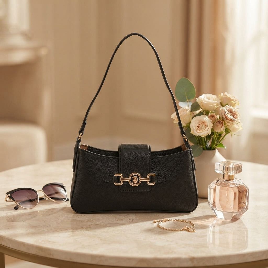 US Polo Assn Black Shoulder Bag, Gold Horsebit Hardware, Chic Everyday Tote