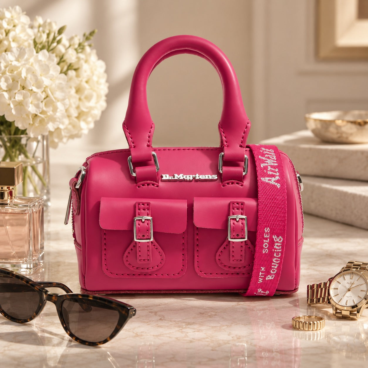 Dr Martens Fuchsia Pink Mini Cross Body Bag, Top Handle Satchel, Cute Purse