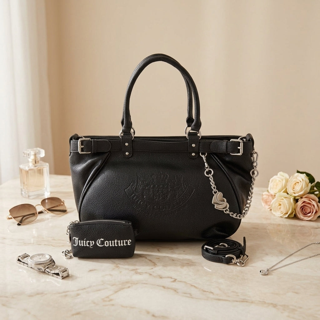 Juicy Couture Black Tote Bag, Satchel, Pebbled Texture, Silver Hardware