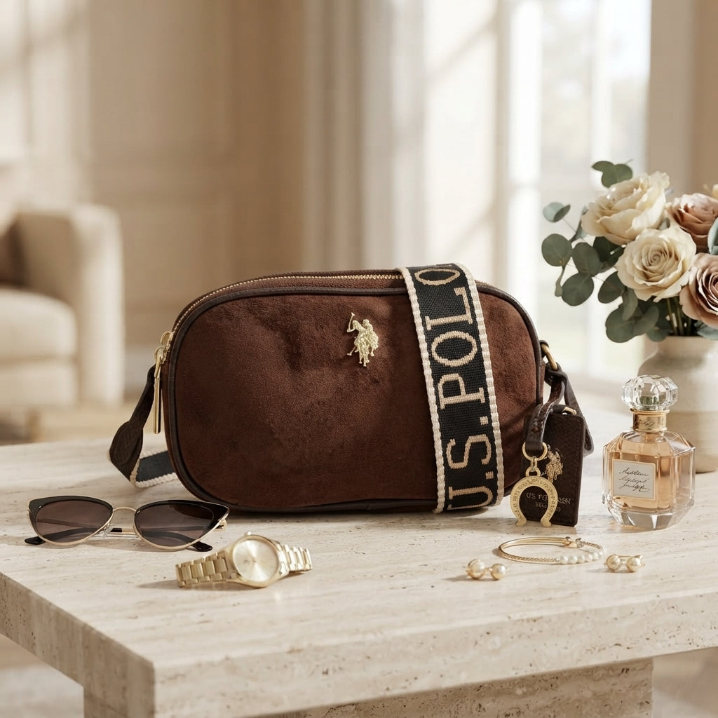 US Polo Assn Brown Crossbody Bag, Equestrian Style, Gold Hardware