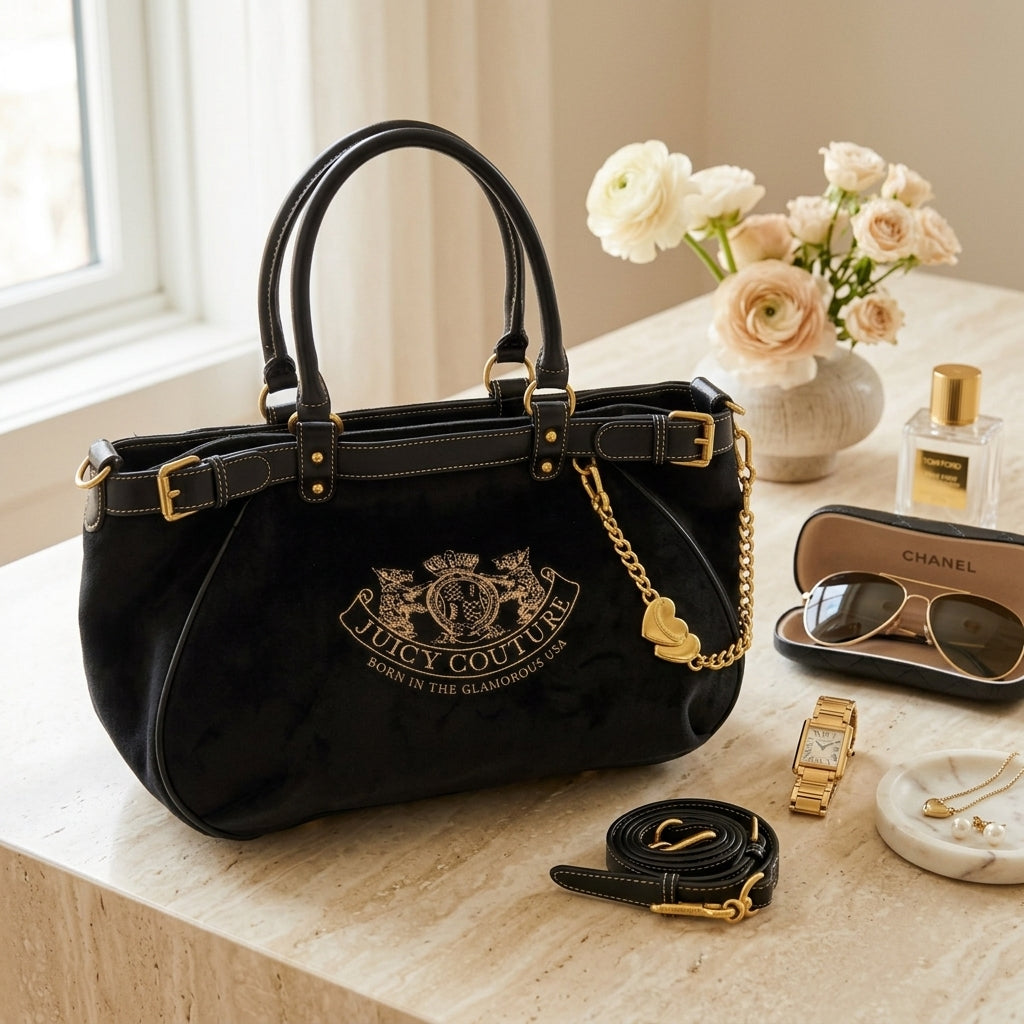 Juicy Couture Black Velour Shoulder Bag, Gold Heart Charm, Designer Handbag