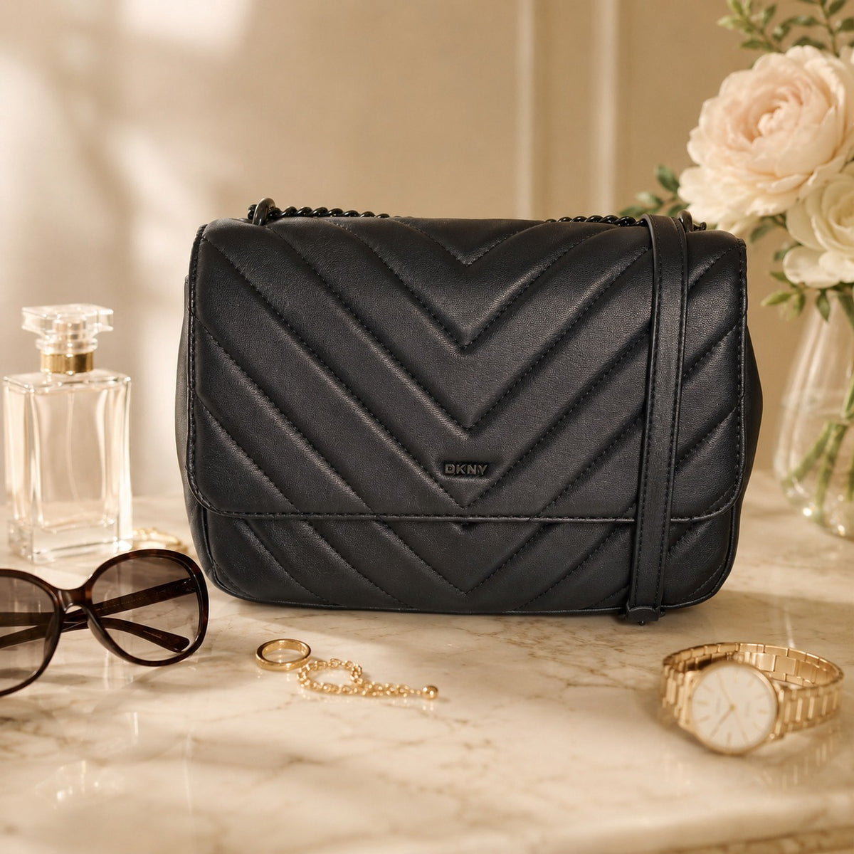 DKNY Black Veronica Chevron Crossbody Bag, Quilted Shoulder Bag, Everyday Purse
