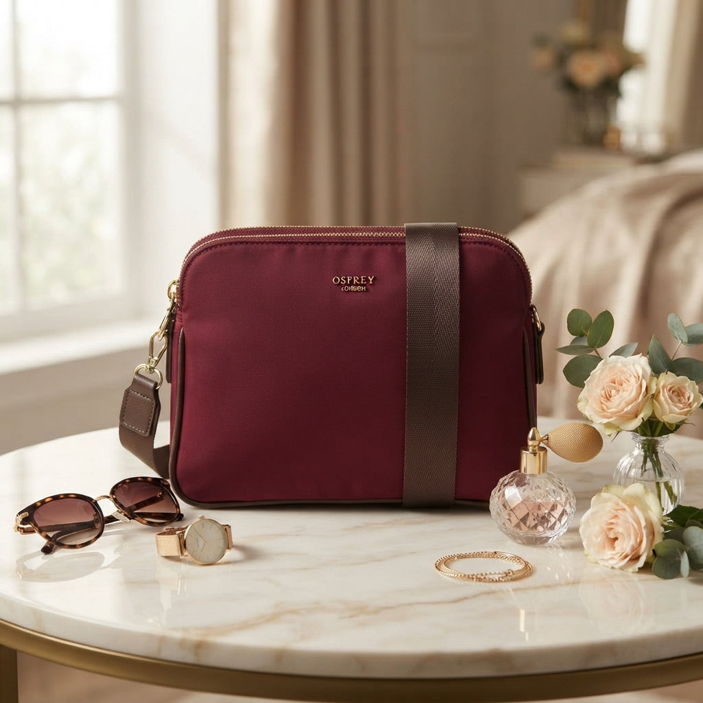 Osprey London Burgundy Nomad Bag, Nylon Crossbody, Gold Hardware