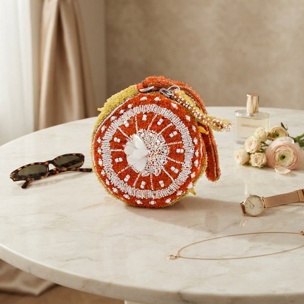 Mirasol Orange Beaded Bag, Fruit Design Wristlet, Novelty Summer Handbag