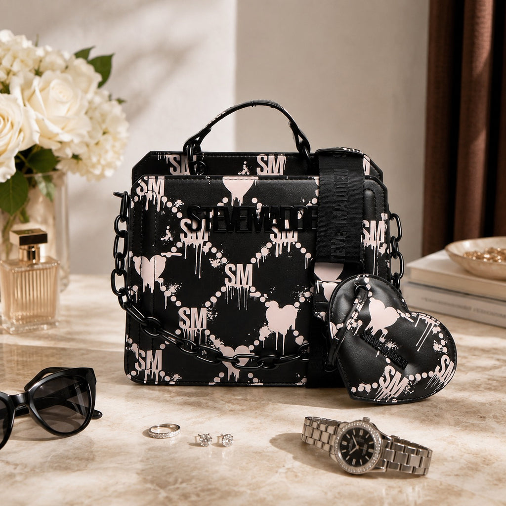 Steve Madden Black Crossbody Bag, Dripping Hearts, Top Handle, Chain Strap