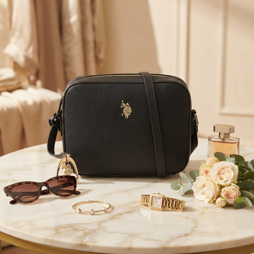 US Polo Assn Black Crossbody Bag, Pebbled Leather Look, Gold Emblem, Everyday