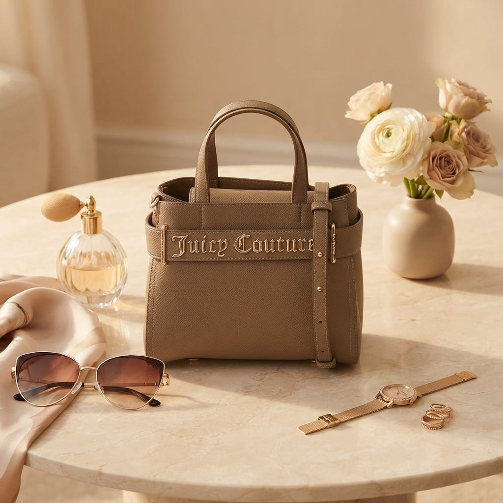 Juicy Couture Taupe Mini Tote Bag, Top Handle, Crossbody Strap, Gold Hardware