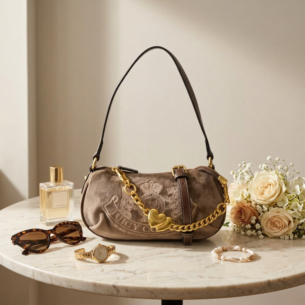 Juicy Couture Brown Bag, Velour Shoulder Bag, Gold Heart Charm