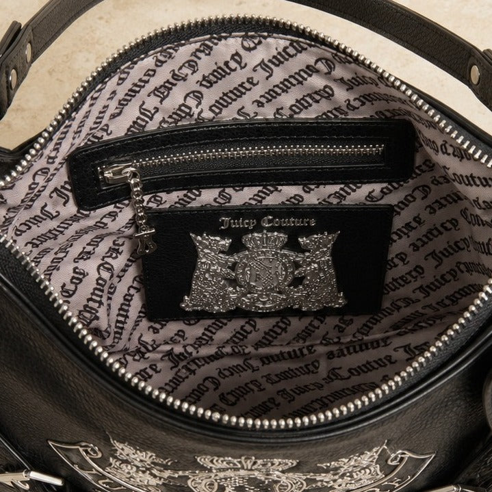 Juicy Couture Black Shoulder Bag, Crest Emblem, Silver Hardware, Aesthetic