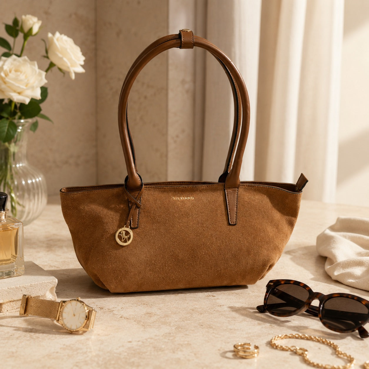 Silviano Brown Suede Shoulder Bag, Top Zip, Gold Charm, Equestrian Handbag