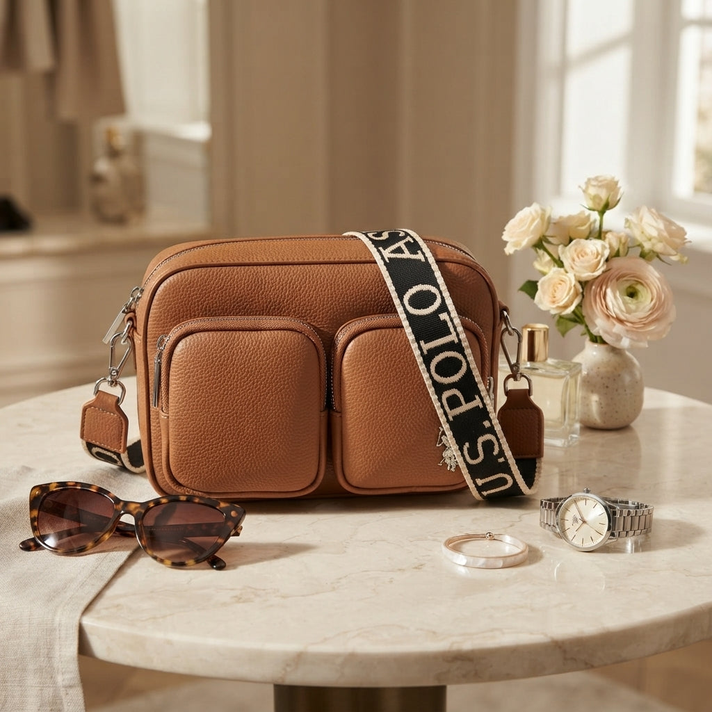 US Polo Assn Brown Crossbody Bag, Mansion Style, Zip Top, Everyday Purse