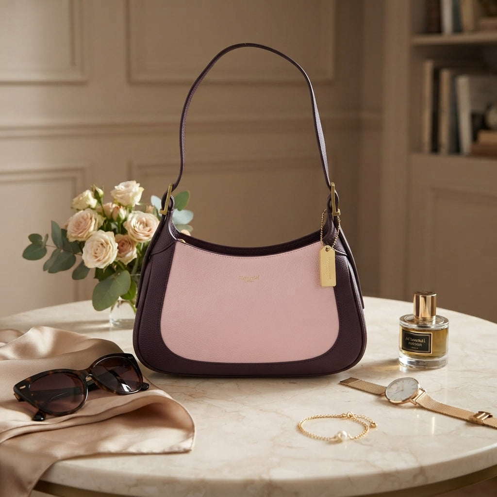 Moncrief Pink Plum Sarah Shoulder Bag, Leather Hobo, Gold Tag Charm