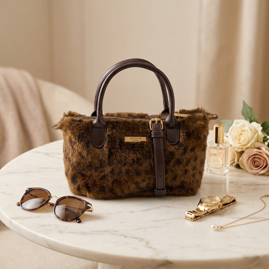 Bessie London Brown Dalmatian Faux Fur Grab Bag, Fluffy Animal Print Handbag