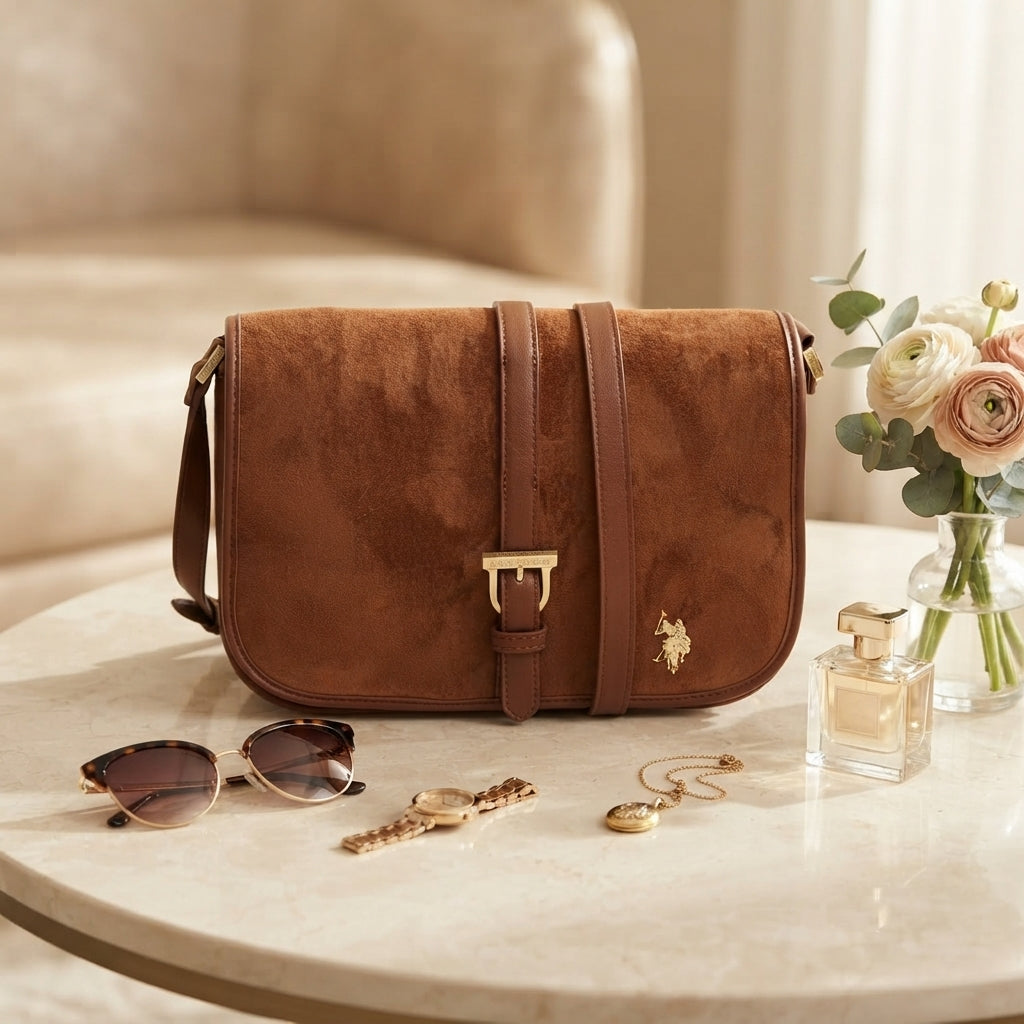 US Polo Assn Tan Suede Crossbody Bag, Nantucket Flap, Equestrian Chic