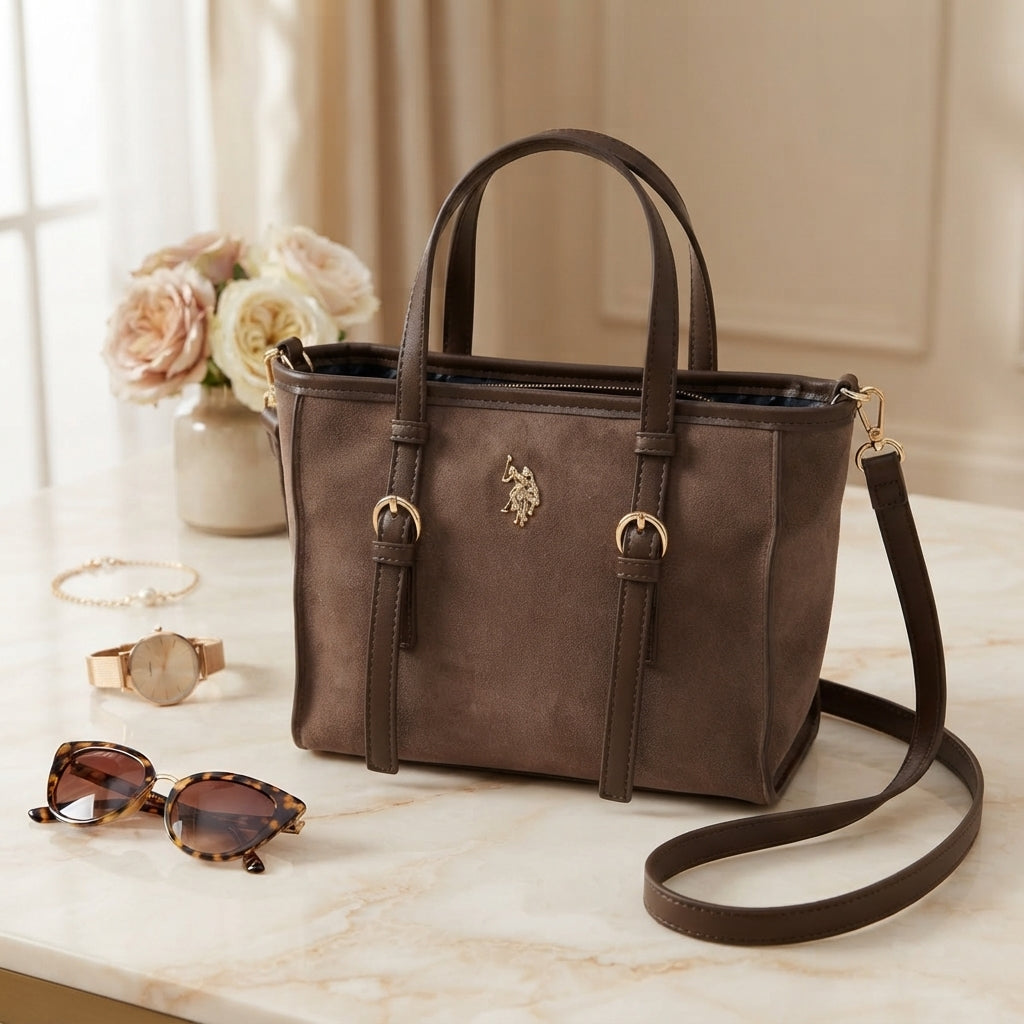 US Polo Assn Brown Mini Tote Bag, Suede Look, Gold Buckles, Equestrian, Gift