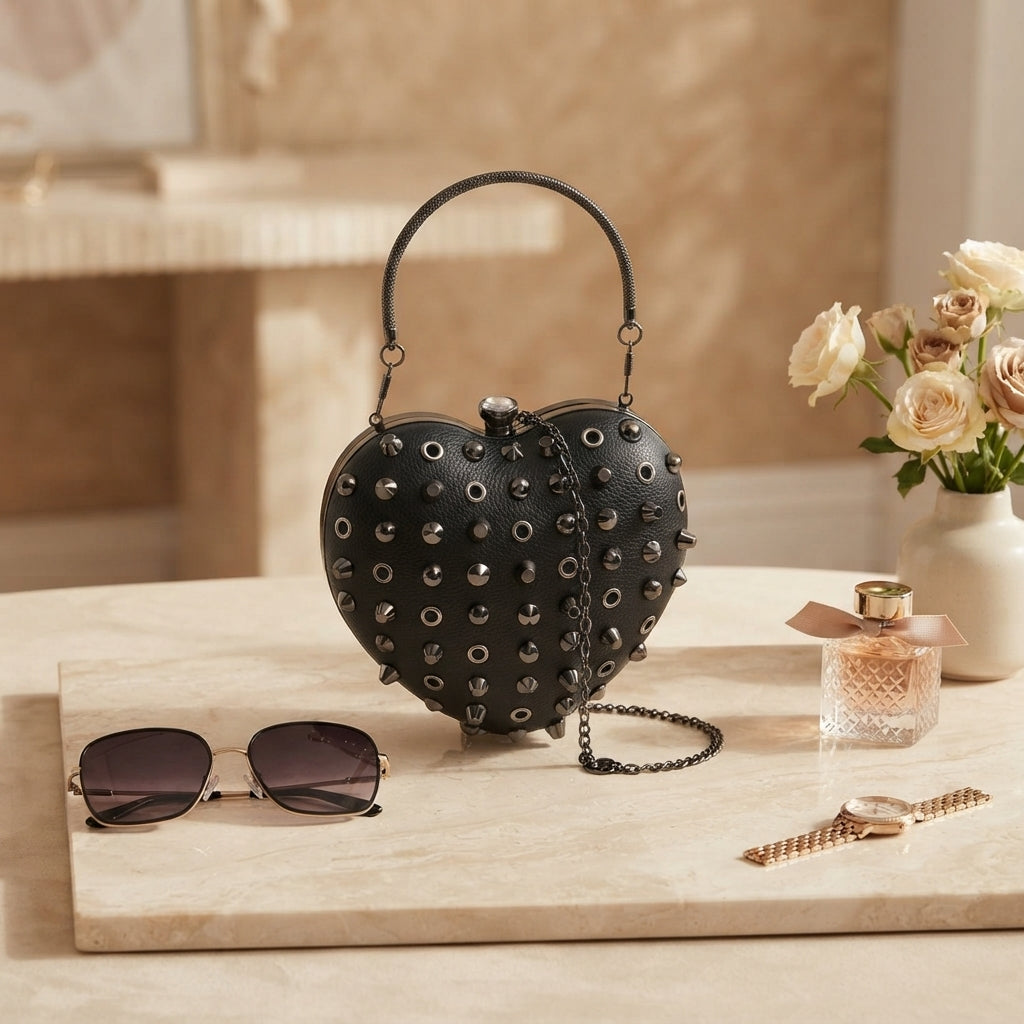 Bessie London Black Heart Grab Bag, Studded Hard-Shell Clutch, Gothic Gift
