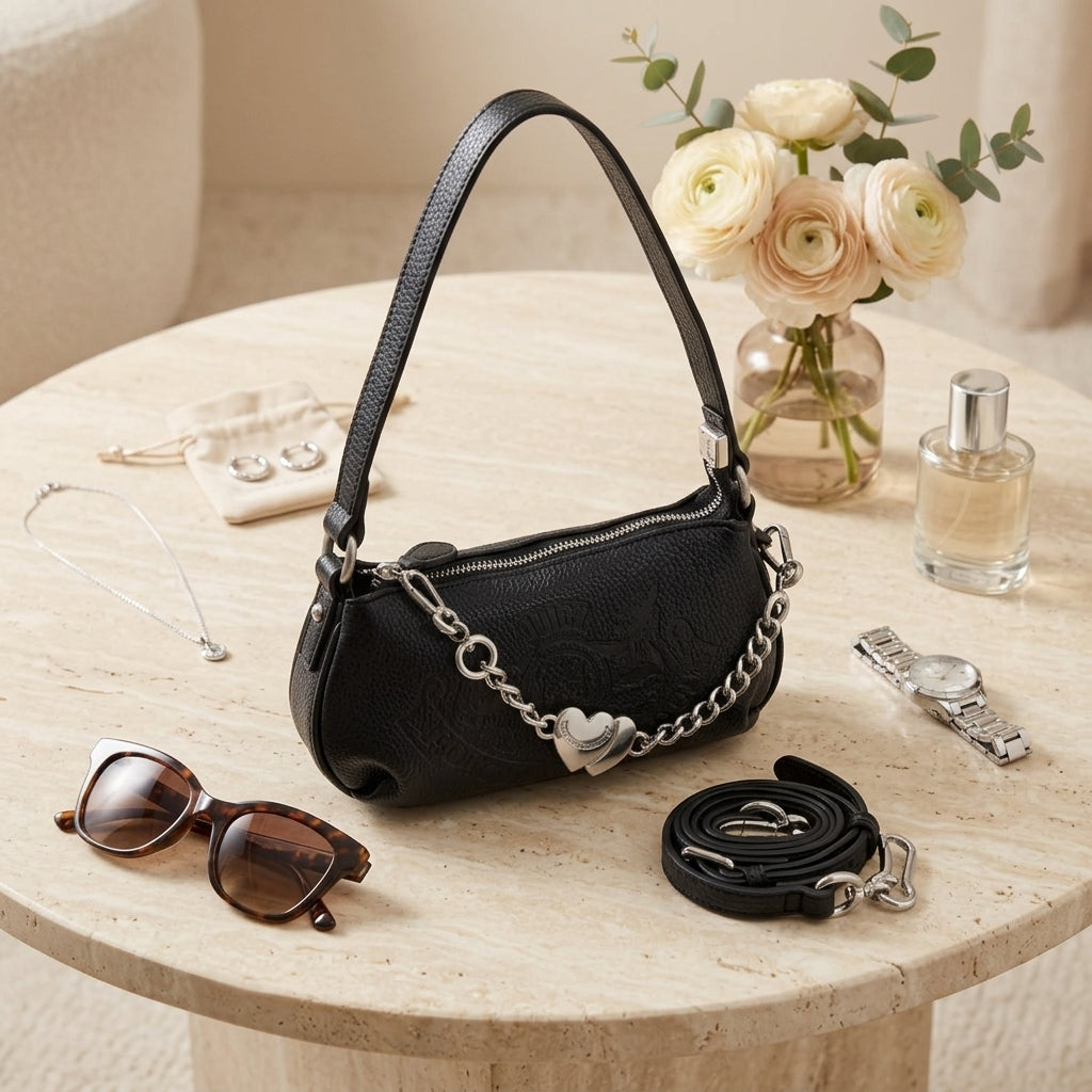 Juicy Couture Black Baguette Bag, Silver Heart Charm, Shoulder Handbag