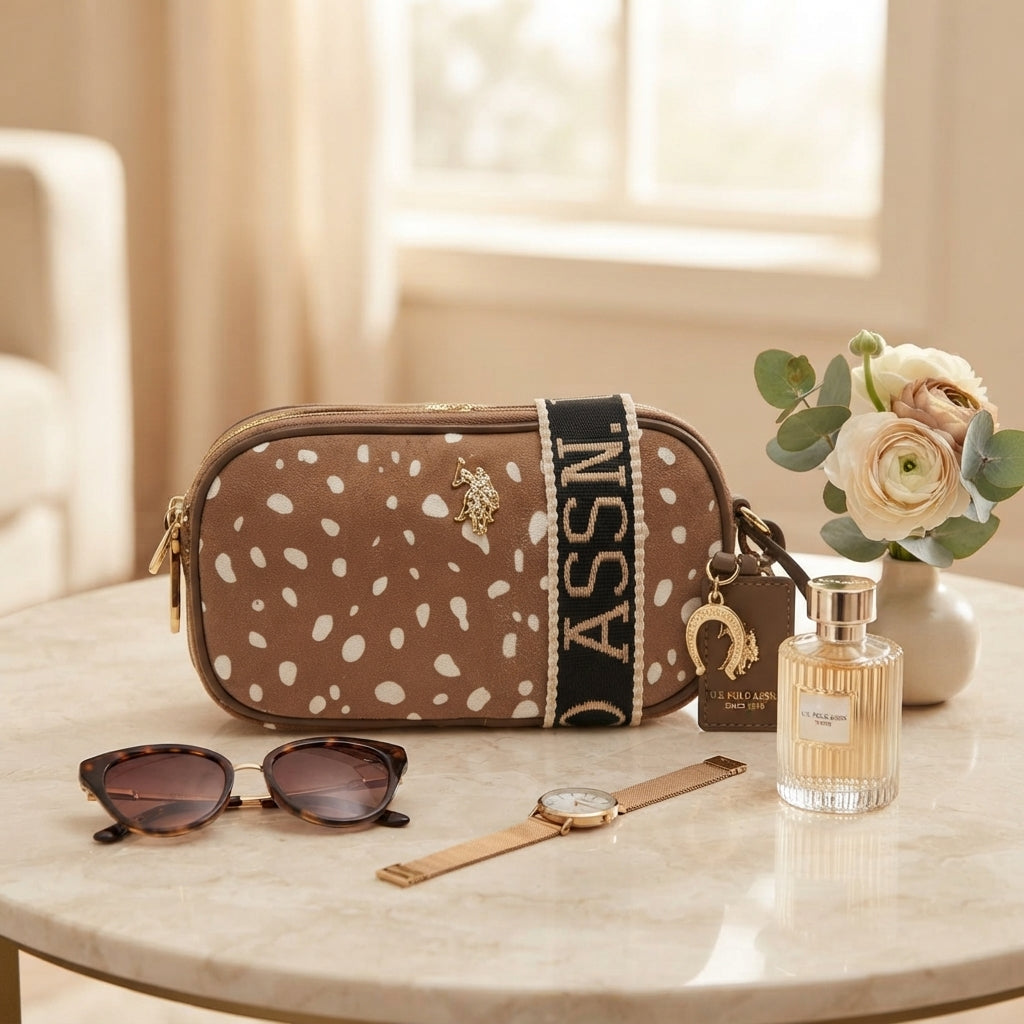 US Polo Assn Brown Polka Dot Crossbody, Suede Look, Gold Hardware, Everyday