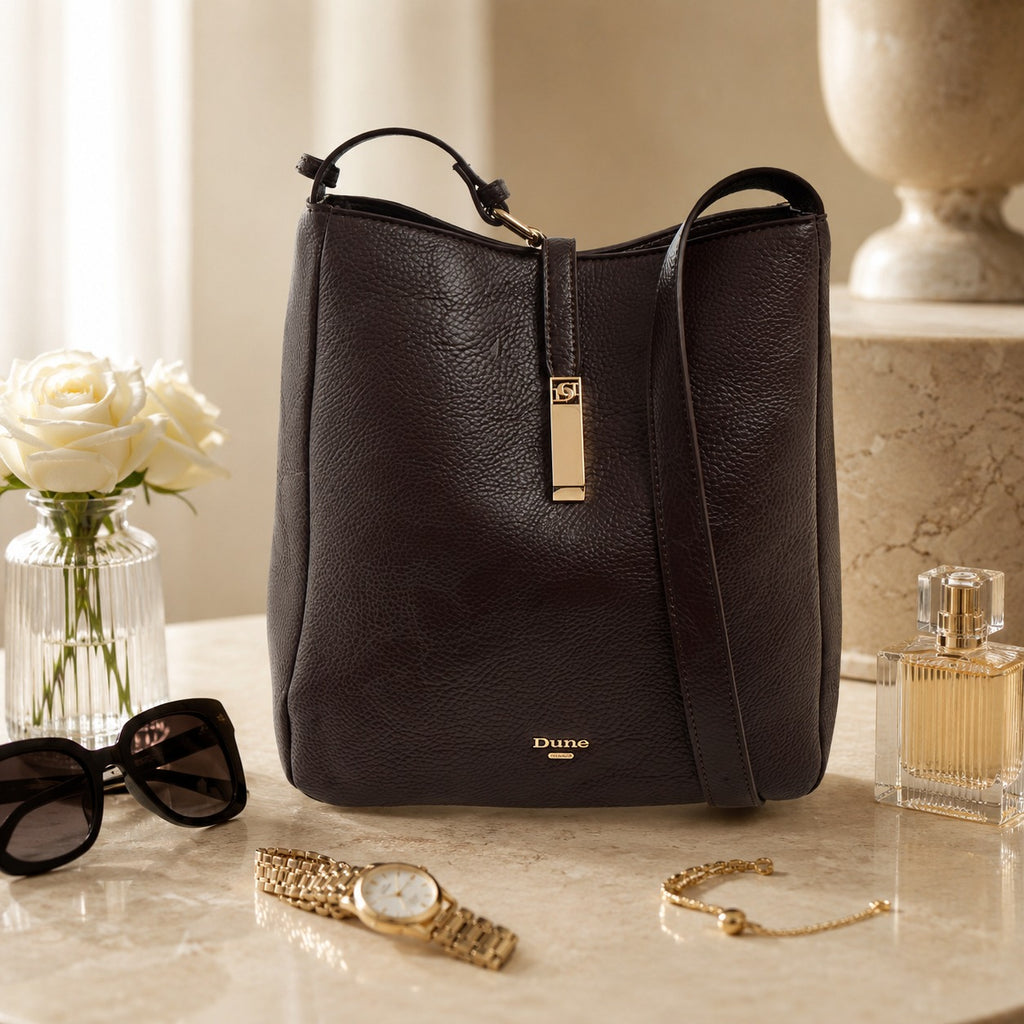 Dune London Brown Shoulder Bag, Grained Leather, Gold Hardware, Work, Everyday