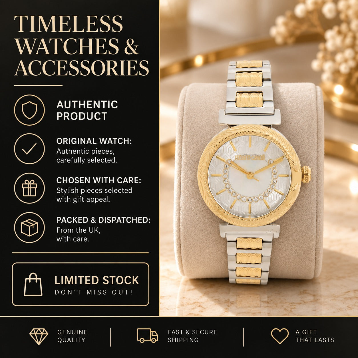 Roberto Cavalli Two Tone Watch, Snake Eclira Crystal Dial