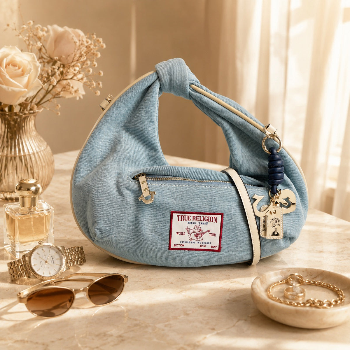 True Religion Light Blue Denim Hobo Bag, Knotted Handle, Aesthetic Handbag