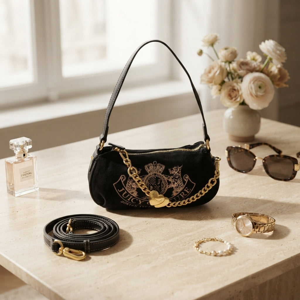 Juicy Couture Black Hobo Bag, Velvet Crossbody, Gold Heart Charm, Aesthetic