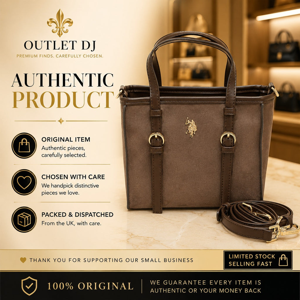 US Polo Assn Brown Tote Bag, Suede Finish, Gold Hardware, Preppy Equestrian