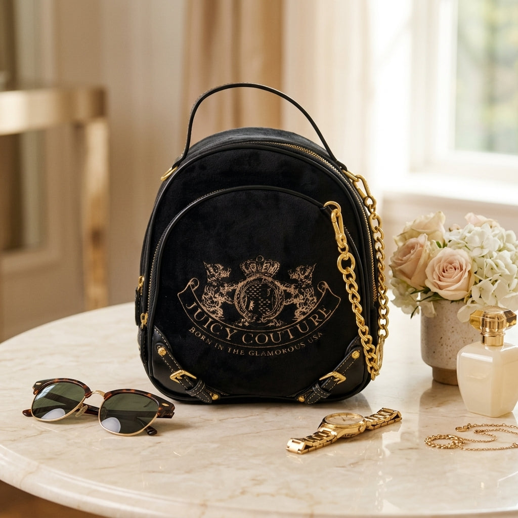Juicy Couture Black Velour Backpack, Gold Chain Detail, Everyday School Bag