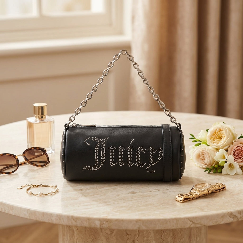 Juicy Couture Black Barrel Bag, Studded Logo, Chain Strap, Shoulder Handbag