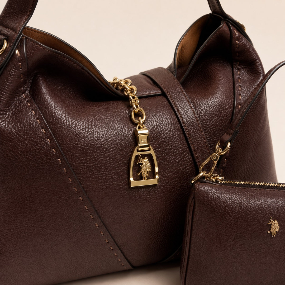 US Polo Assn Brown Hobo Bag, Dark Shoulder Purse with Pouch, Equestrian Aesthetic