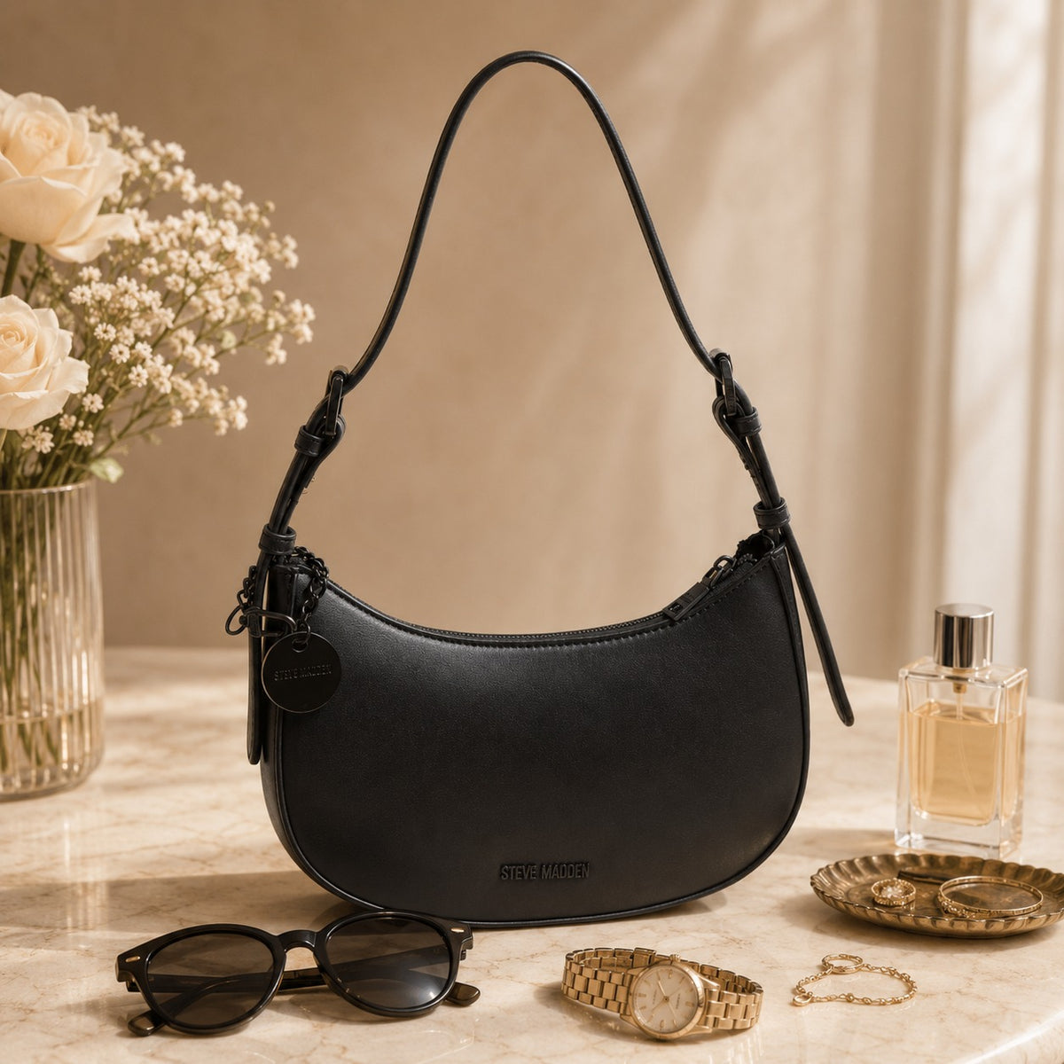 Steve Madden Black Shoulder Bag, Minimalist Everyday Purse, Chic Handbag